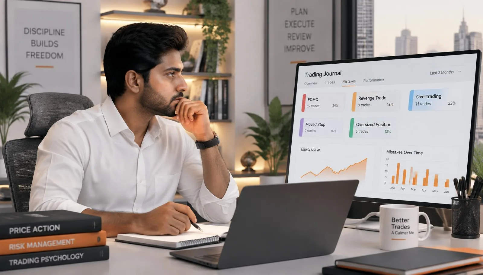Trader reviewing repeated trading mistakes in a digital trading journal