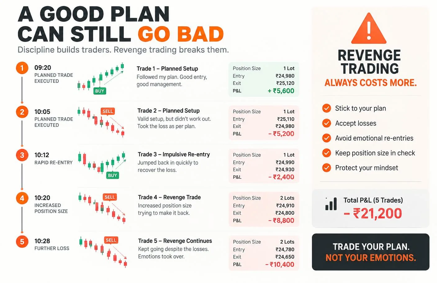Trading journal timeline showing how revenge trading can develop after a loss