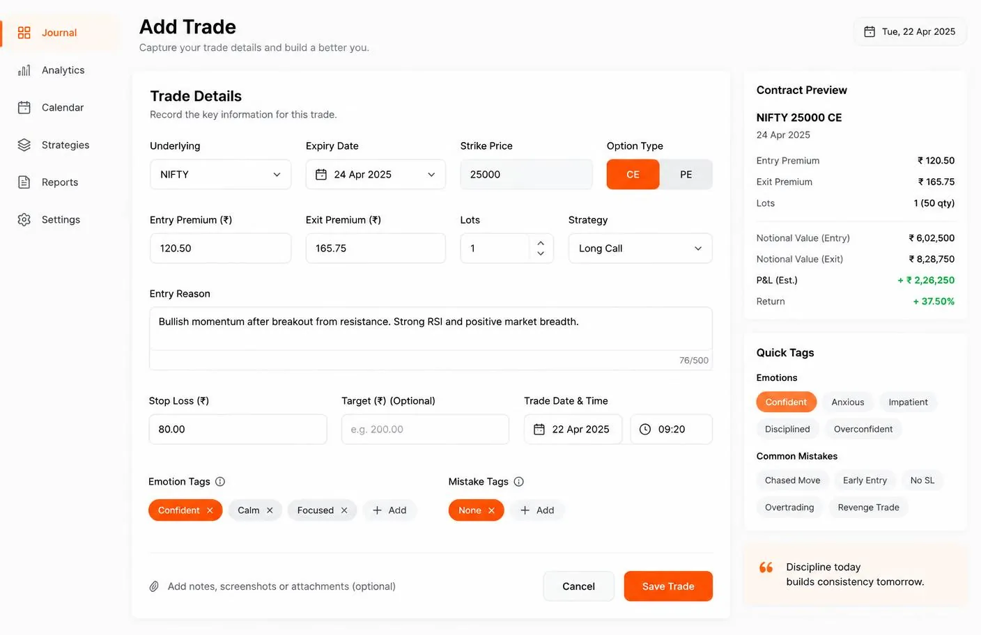 Information to record in an options trading journal