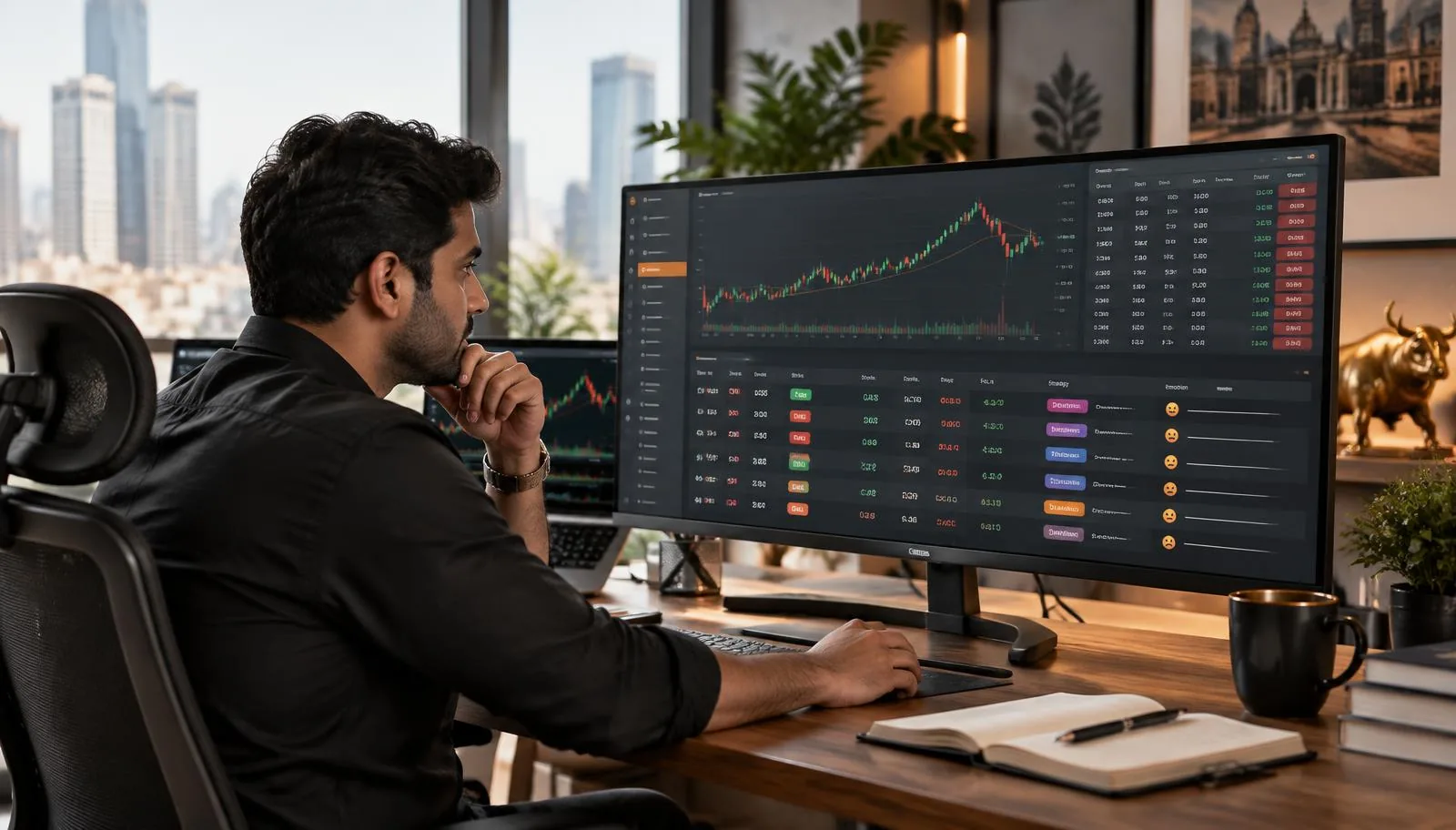 Indian trader reviewing NIFTY options trades in a digital trading journal