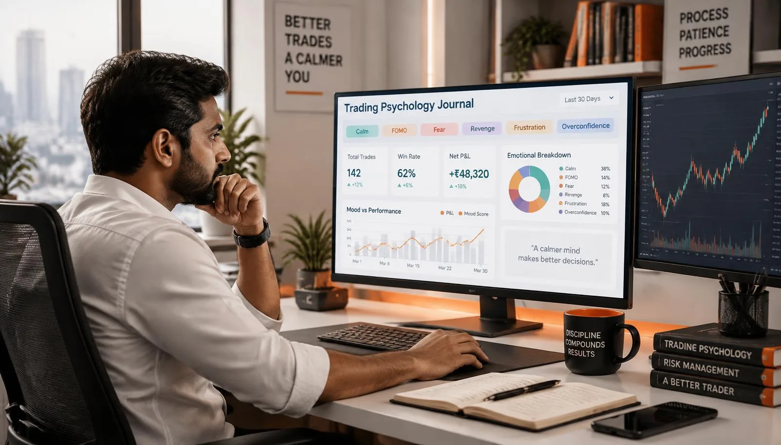 Trader reviewing emotions and trading behaviour using a psychology journal