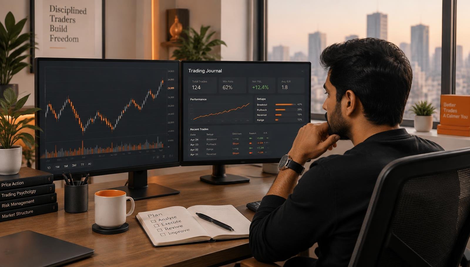 Indian trader reviewing trades using a digital trading journal