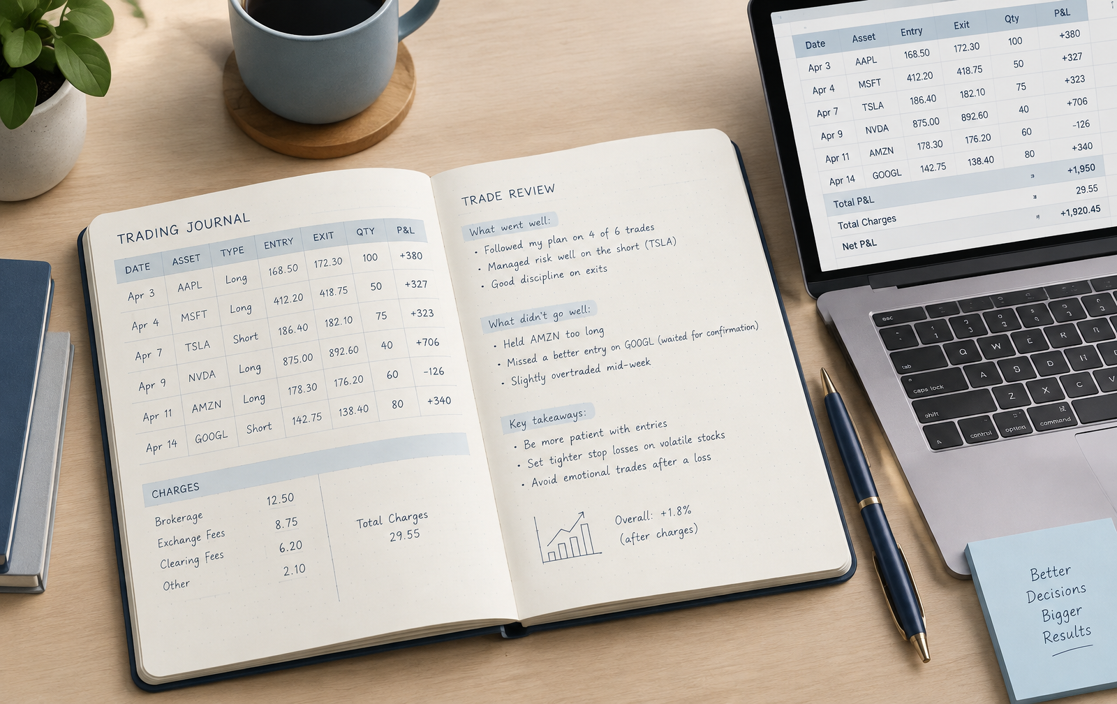 Trading journal layout showing entry and exit prices, charges and a trade review